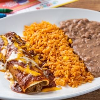 Kids Enchilada Plate: Pick your enchilada - beef, chicken or cheese. Served with Mexican rice and refried beans.