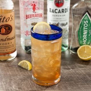 Primo Long Island: Hornitos Plata Tequila, Tito's Handmade Vodka, Bacardí Silver, Beefeater Gin, triple sec, fresh lime juice and a splash of Coke.