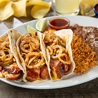 Jalapeno Sausage Tacos with Rice and Beans